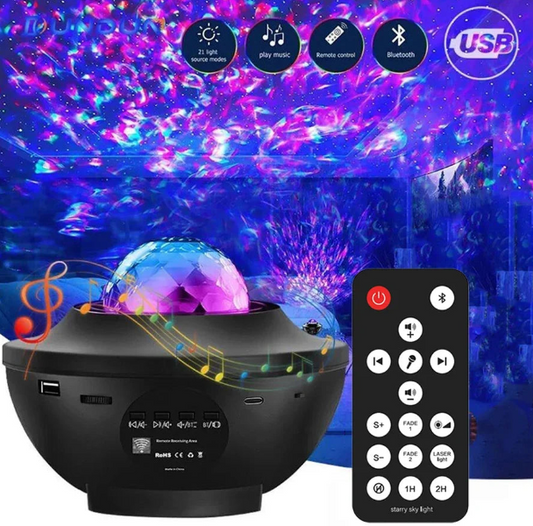 GalaxyGlow™ projector die kleurrijke sterren en nevels projecteert op het plafond, met Bluetooth speaker en afstandsbediening.